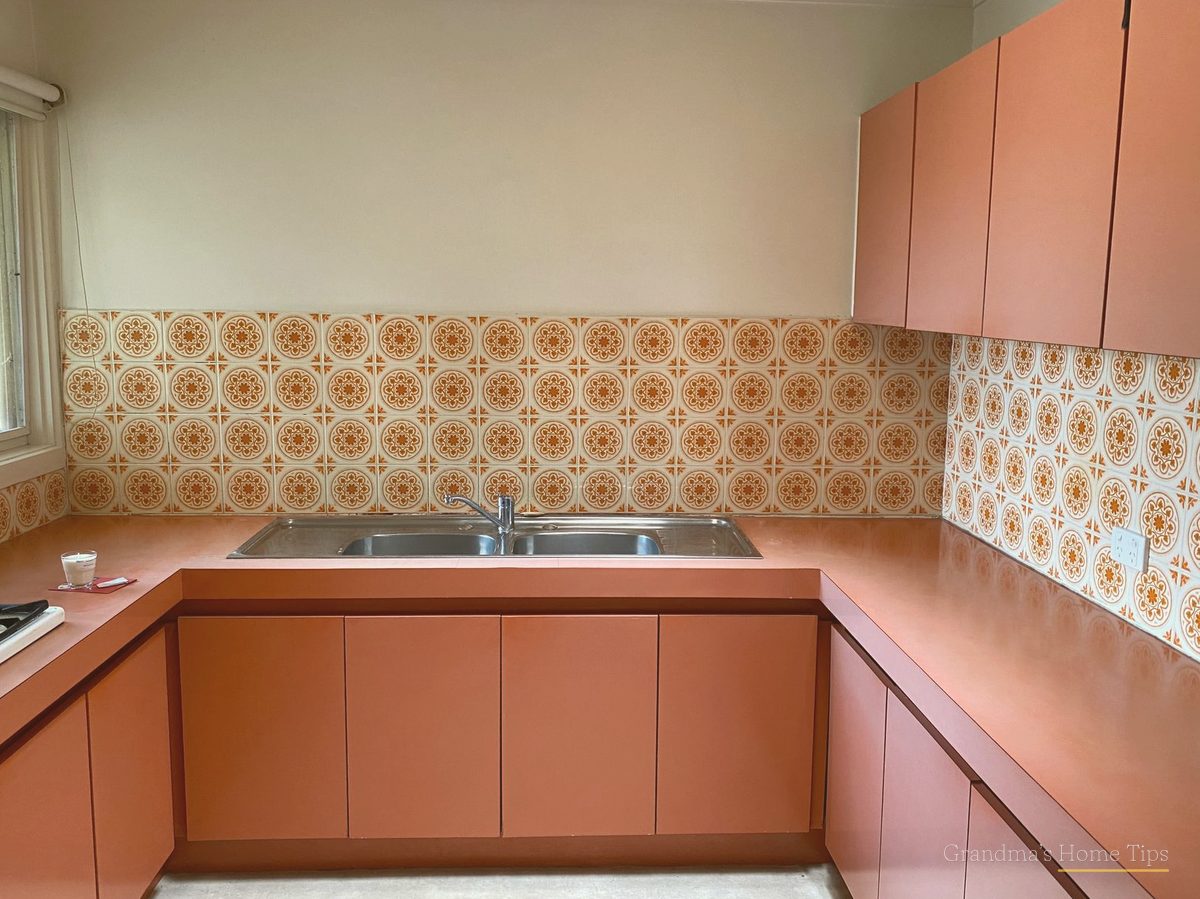 Retro 1950s style kitchen with vintage cabinets and patterned tile