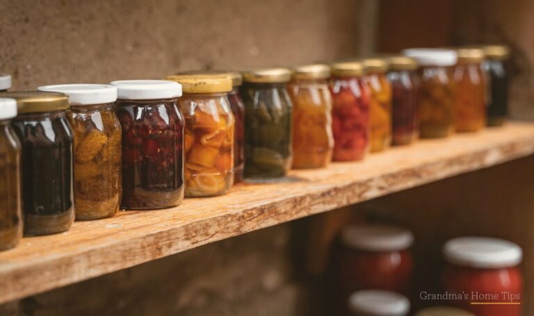 Home-canned preserves in mason jars on a rustic pantry shelf